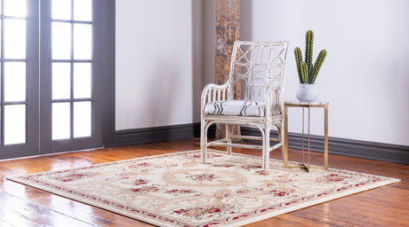 Cream 7' 1 x 7' 1 Versailles Square Area Rug Classic Traditional Motif Indoor Carpet for Hallways, Dining Rooms, Bedrooms, Living Room, Office for Sale at Rug Engine