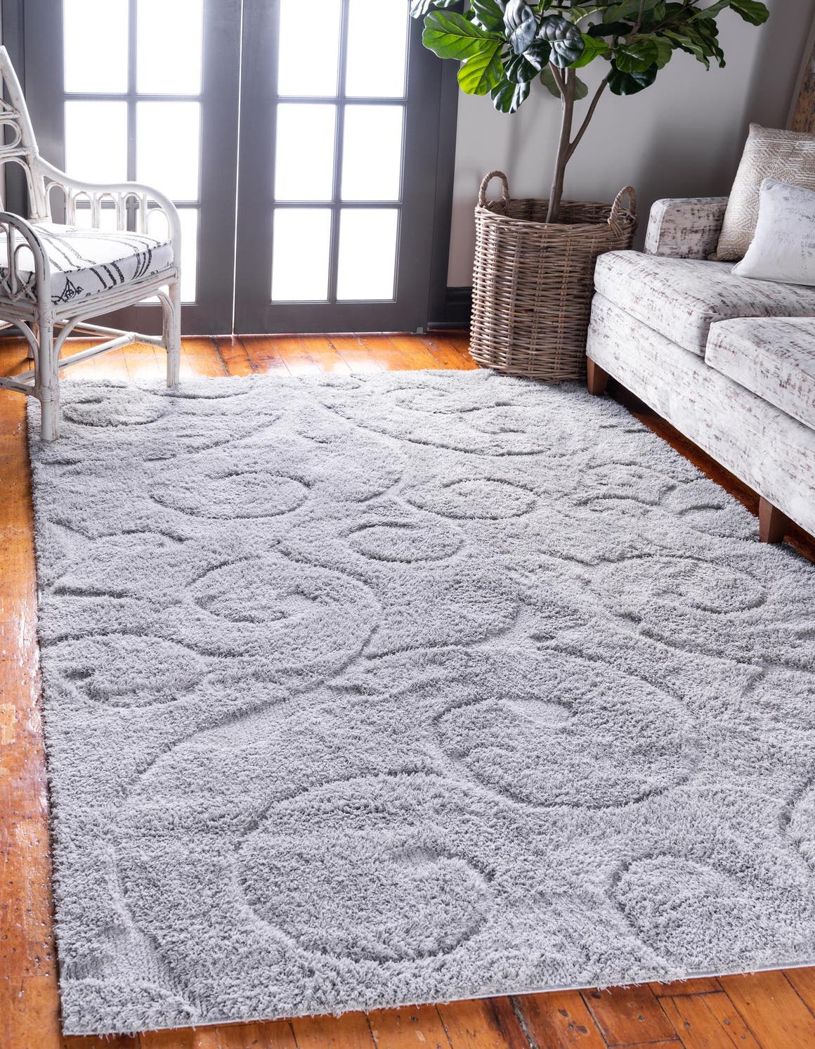 Light Gray 9' x 12' 2 Floral Shag Rectangle Area Rug Thick Soft Touch Fluffy & Plush Shaggy Pile 100% Polyester With Cotton Backing Carpet for Interior Design for Sale at Rug Engine