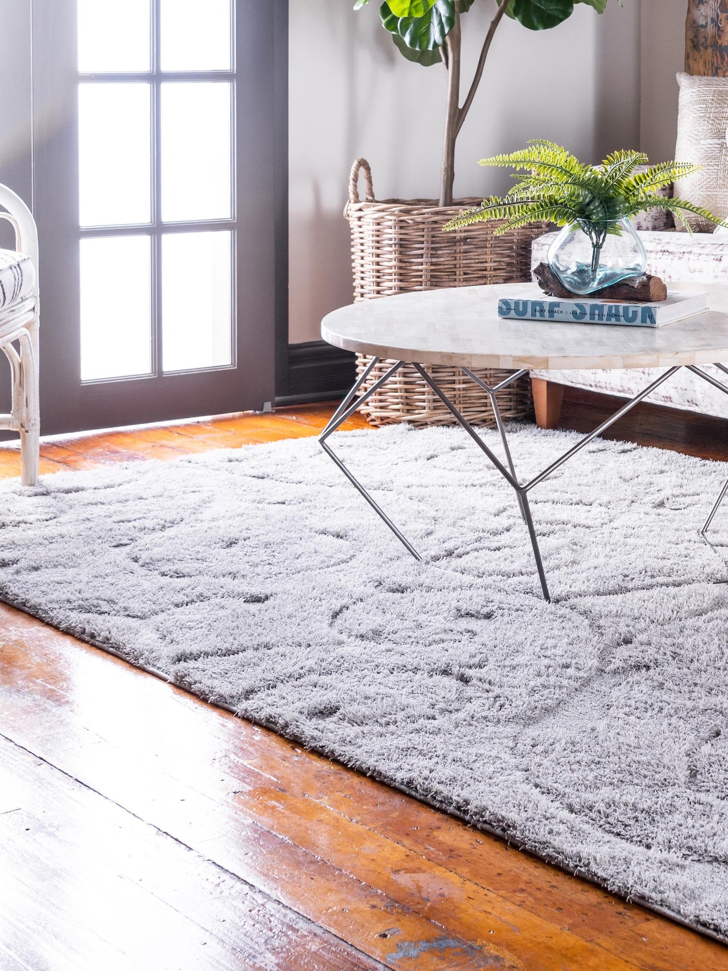 Light Gray 8' x 10' Floral Shag Rectangle Area Rug Thick Soft Touch Fluffy & Plush Shaggy Pile 100% Polyester With Cotton Backing Carpet for Interior Design for Sale at Rug Engine