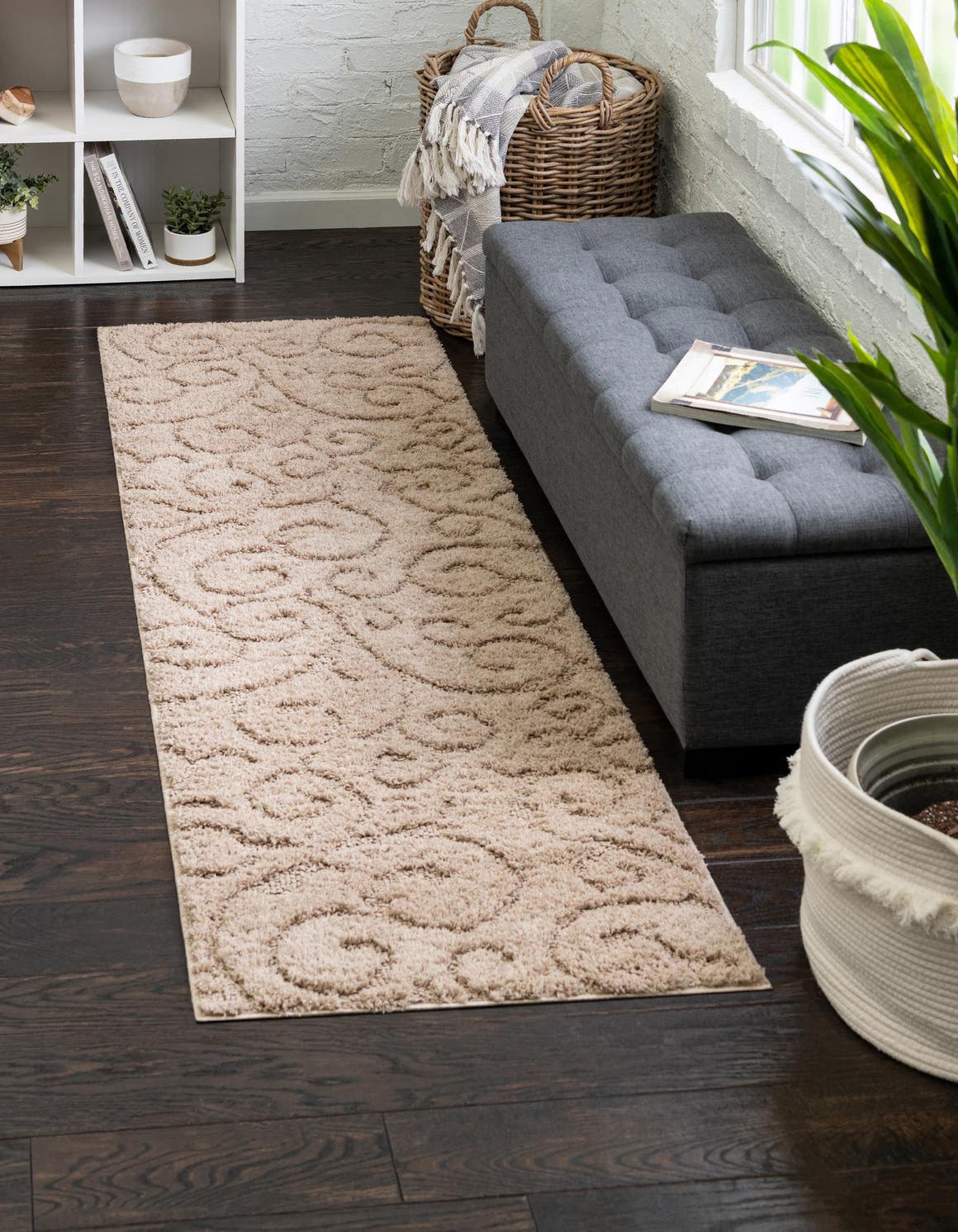 Beige 2' x 6' 7 Floral Shag Runner Area Rug Thick Soft Touch Fluffy & Plush Shaggy Pile 100% Polyester With Cotton Backing Carpet for Interior Design for Sale at Rug Engine