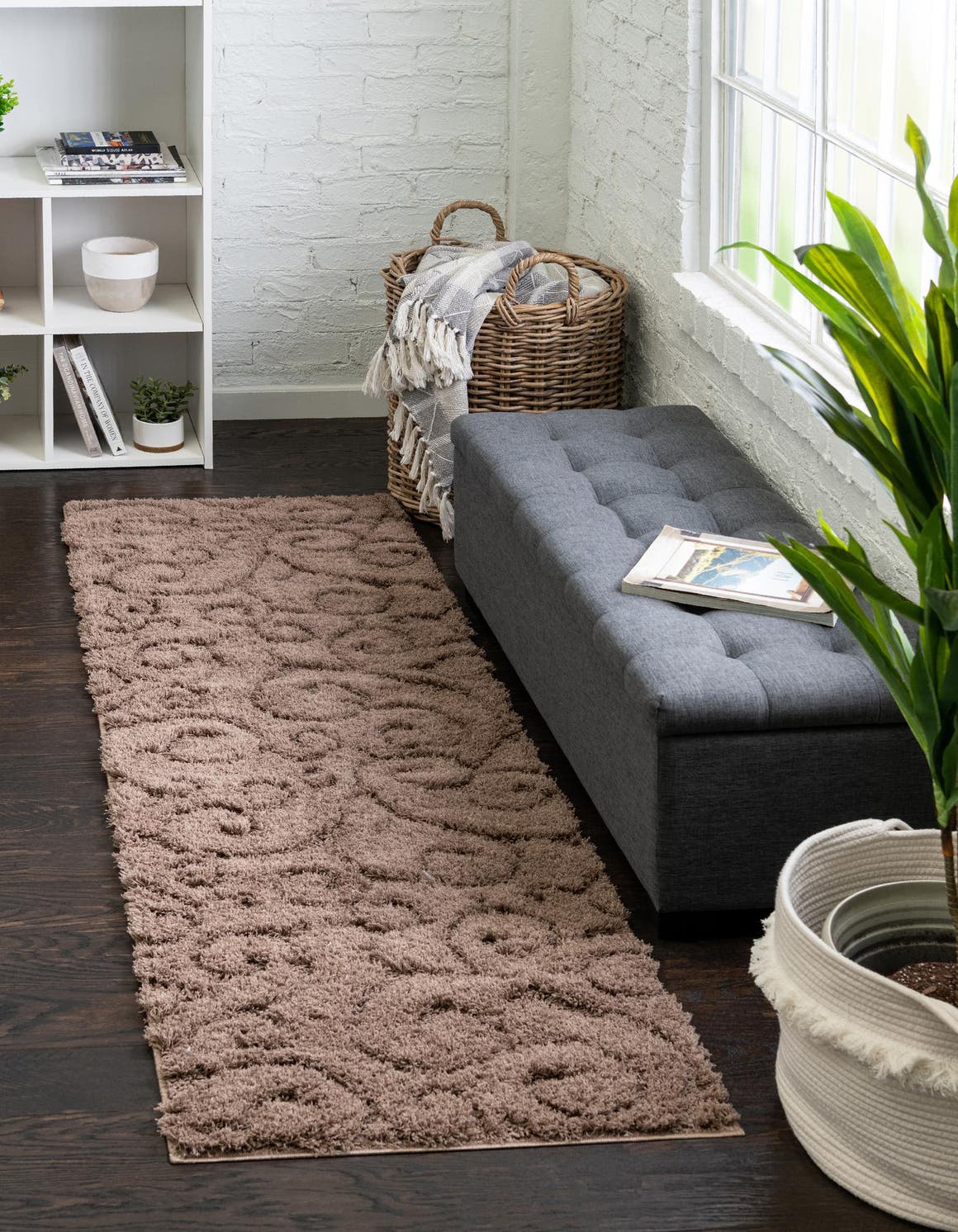 Brown 2' x 6' 7 Floral Shag Runner Area Rug Thick Soft Touch Fluffy & Plush Shaggy Pile 100% Polyester With Cotton Backing Carpet for Interior Design for Sale at Rug Engine