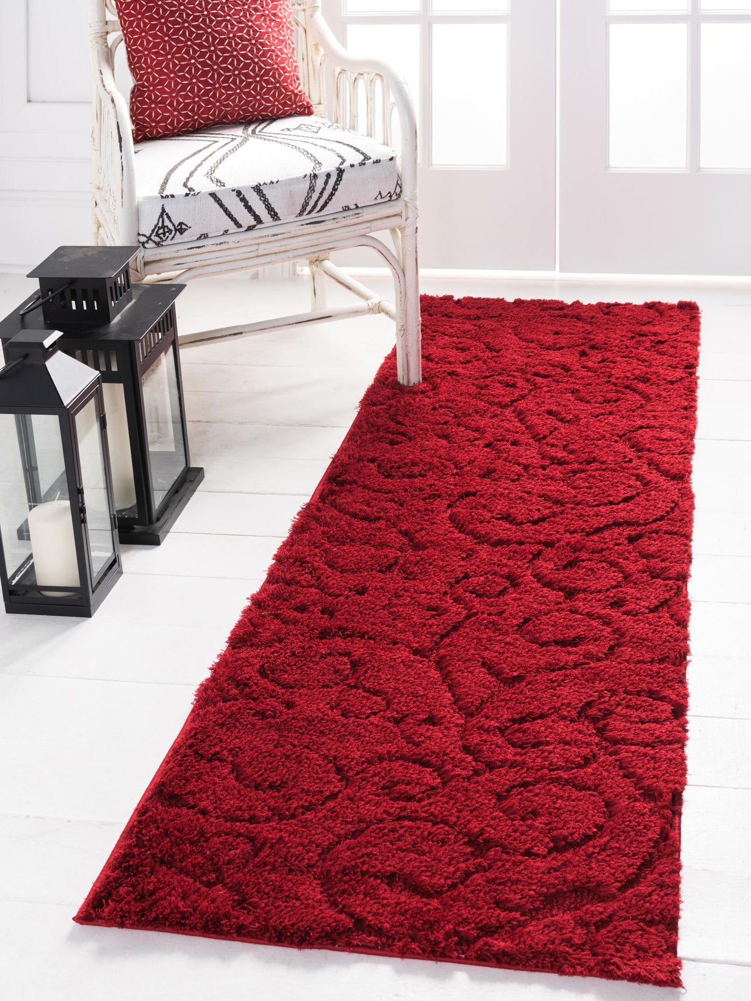 Red 2' x 8' Floral Shag Runner Area Rug Thick Soft Touch Fluffy & Plush Shaggy Pile 100% Polyester With Cotton Backing Carpet for Interior Design for Sale at Rug Engine