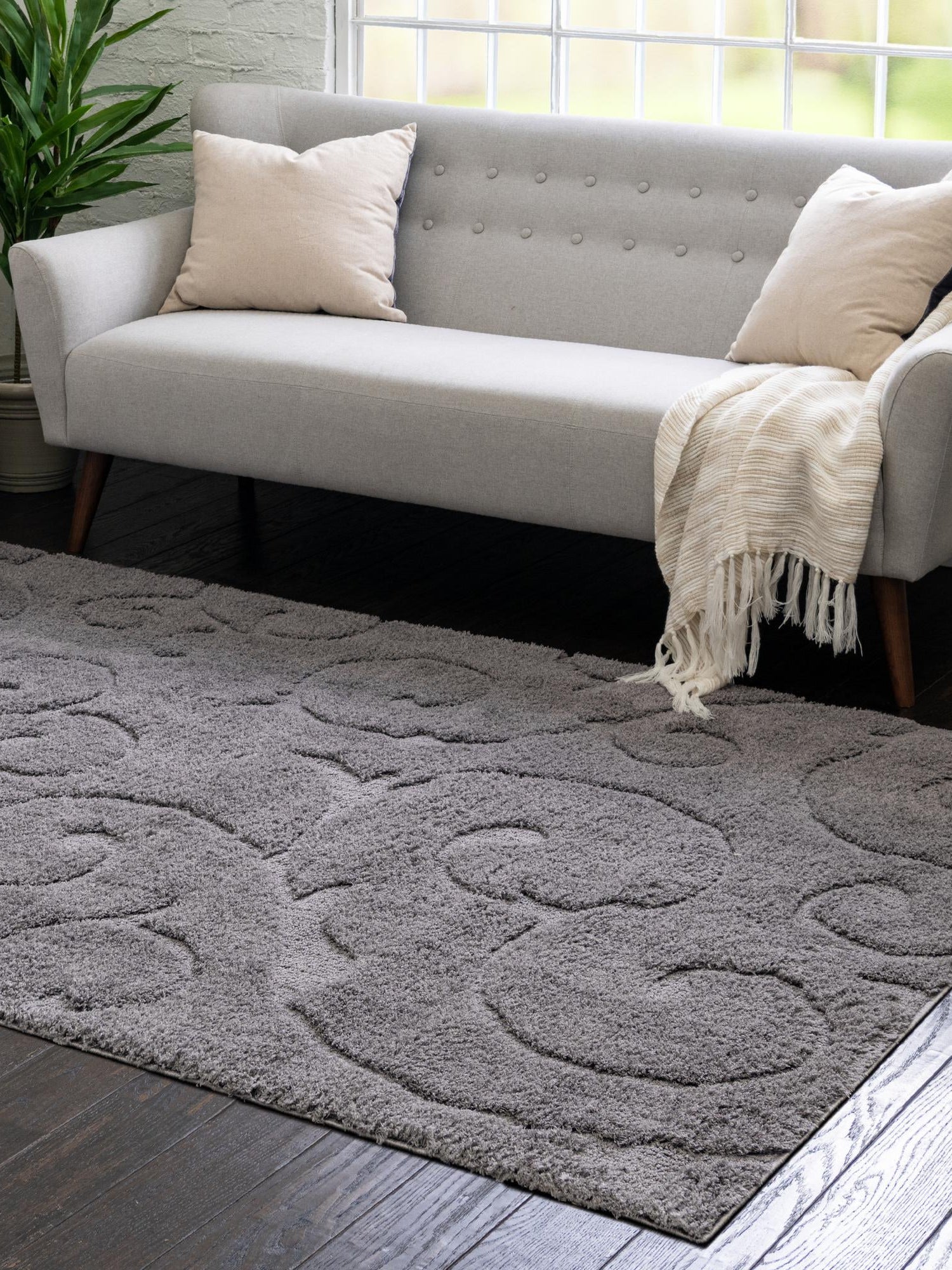 Dark Gray 4' 1 x 6' 1 Floral Shag Rectangle Area Rug Thick Soft Touch Fluffy & Plush Shaggy Pile 100% Polyester With Cotton Backing Carpet for Interior Design for Sale at Rug Engine