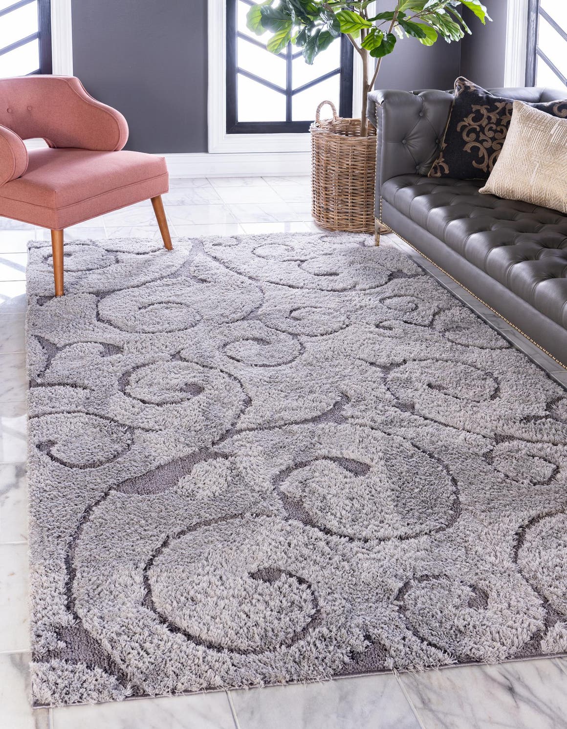 Light Gray and Gray 9' x 12' 2 Floral Shag Rectangle Area Rug Thick Soft Touch Fluffy & Plush Shaggy Pile 100% Polyester With Cotton Backing Carpet for Interior Design for Sale at Rug Engine