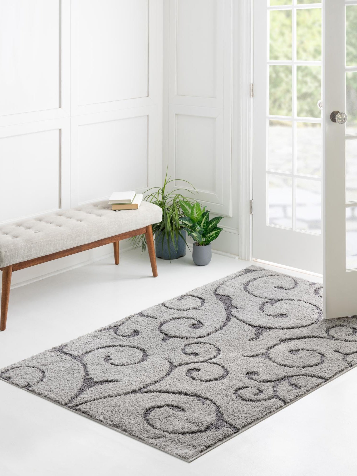 Light Gray and Gray 4' 1 x 6' 1 Floral Shag Rectangle Area Rug Thick Soft Touch Fluffy & Plush Shaggy Pile 100% Polyester With Cotton Backing Carpet for Interior Design for Sale at Rug Engine