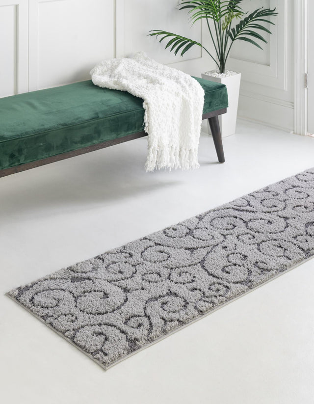 Light Gray and Gray 2' 7 x 10' Floral Shag Runner Area Rug Thick Soft Touch Fluffy & Plush Shaggy Pile 100% Polyester With Cotton Backing Carpet for Interior Design for Sale at Rug Engine