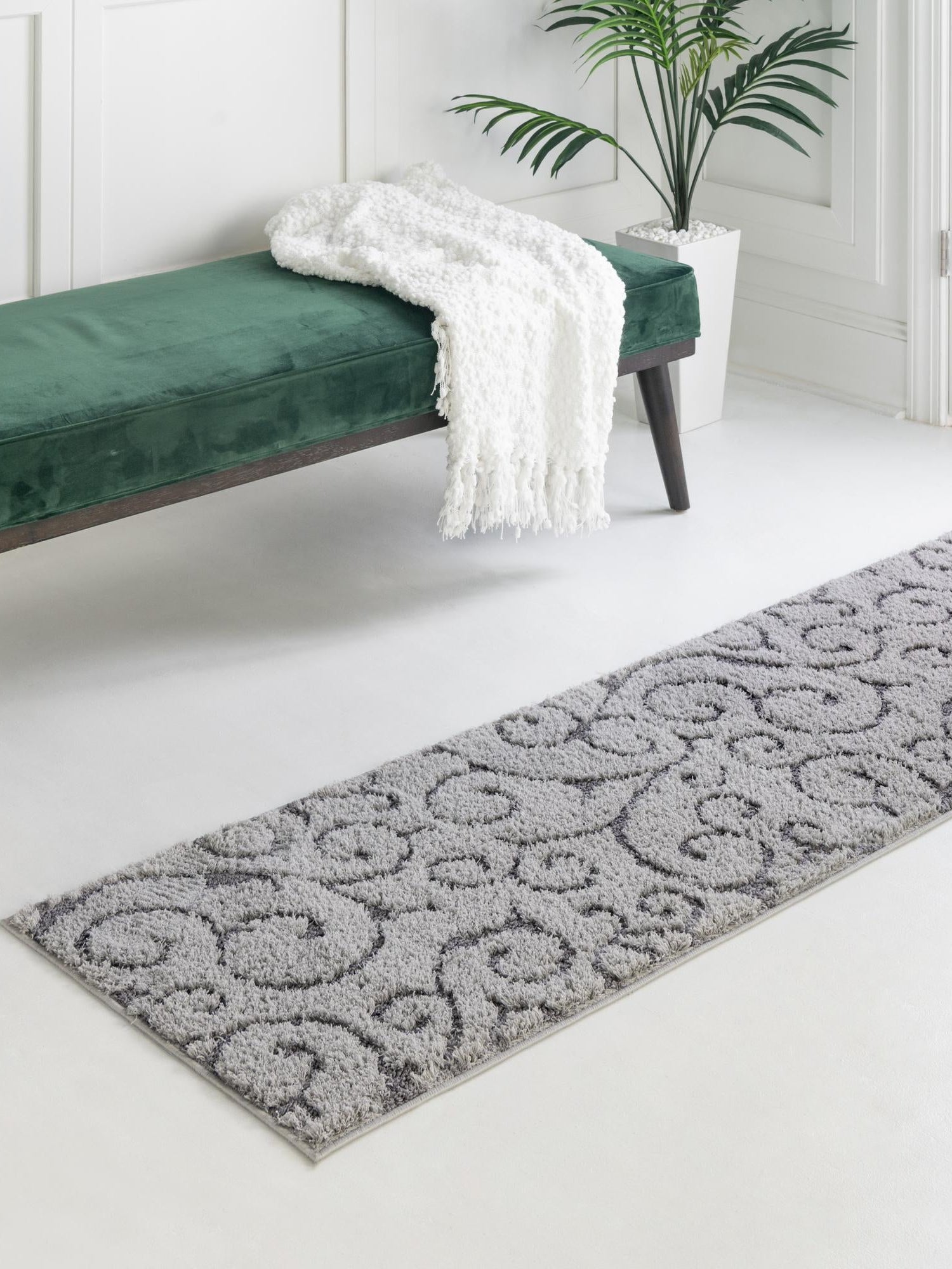 Light Gray and Gray 2' x 6' 9 Floral Shag Runner Area Rug Thick Soft Touch Fluffy & Plush Shaggy Pile 100% Polyester With Cotton Backing Carpet for Interior Design for Sale at Rug Engine