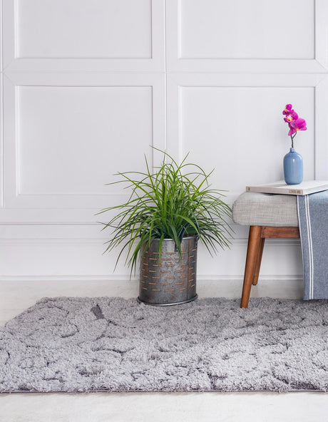 Light Gray and Gray 2' x 6' 9 Floral Shag Runner Area Rug Thick Soft Touch Fluffy & Plush Shaggy Pile 100% Polyester With Cotton Backing Carpet for Interior Design for Sale at Rug Engine