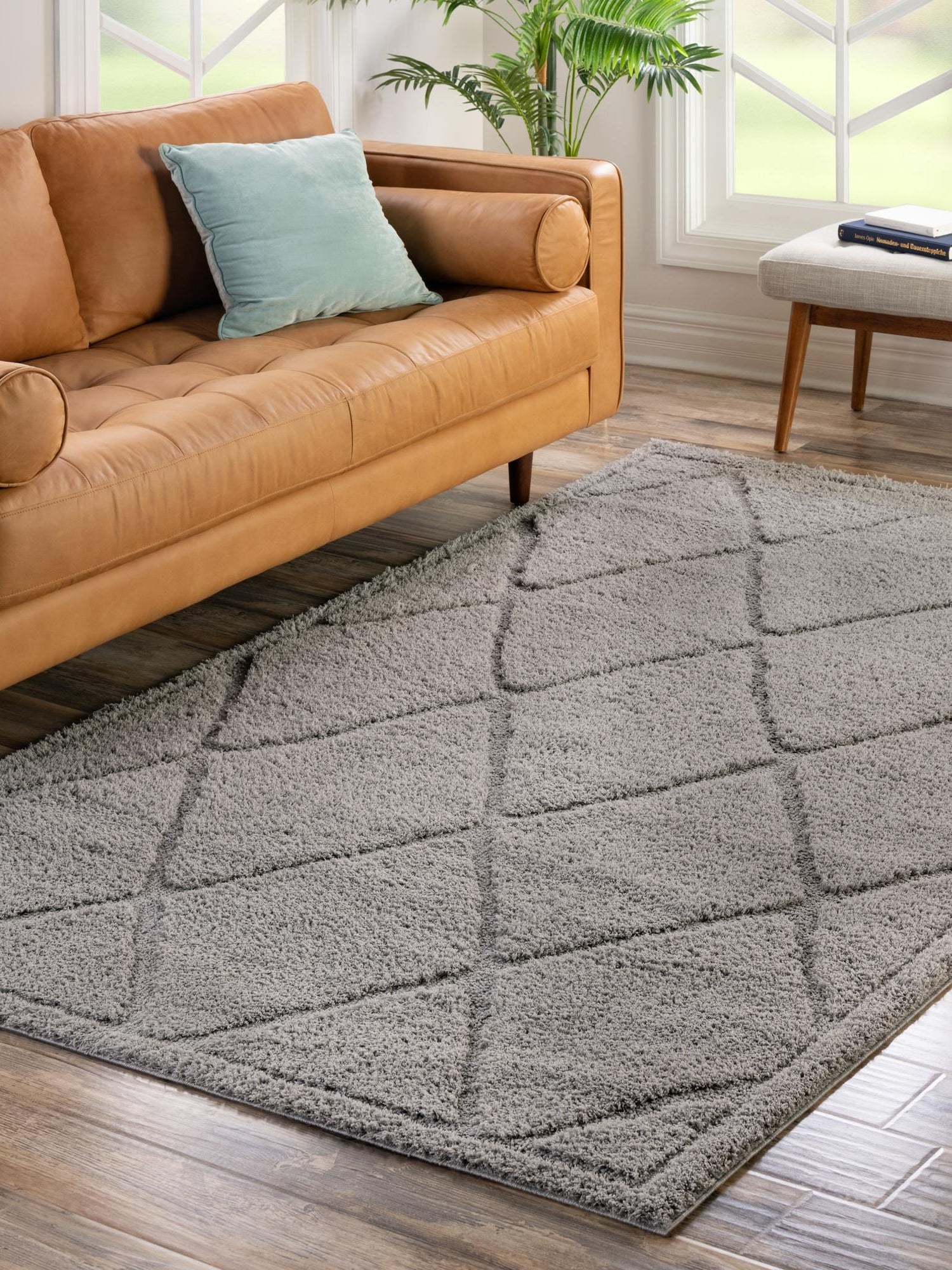 Gray 4' 1 x 6' 1 Trellis Shag Rectangle Area Rug Thick Soft Touch Fluffy & Plush Shaggy Pile Geometric Modern Unique Carpet for Home Interior Design for Sale at Rug Engine