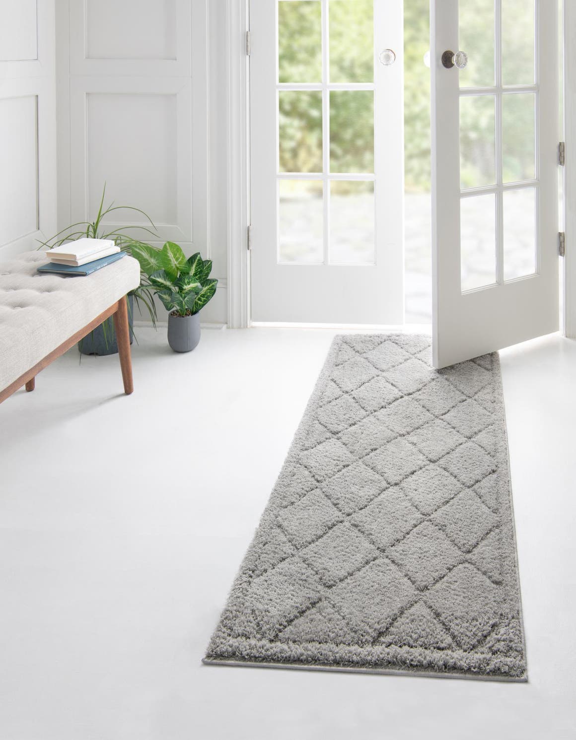 Gray 2' 7 x 10' Trellis Shag Runner Area Rug Thick Soft Touch Fluffy & Plush Shaggy Pile Geometric Modern Unique Carpet for Home Interior Design for Sale at Rug Engine