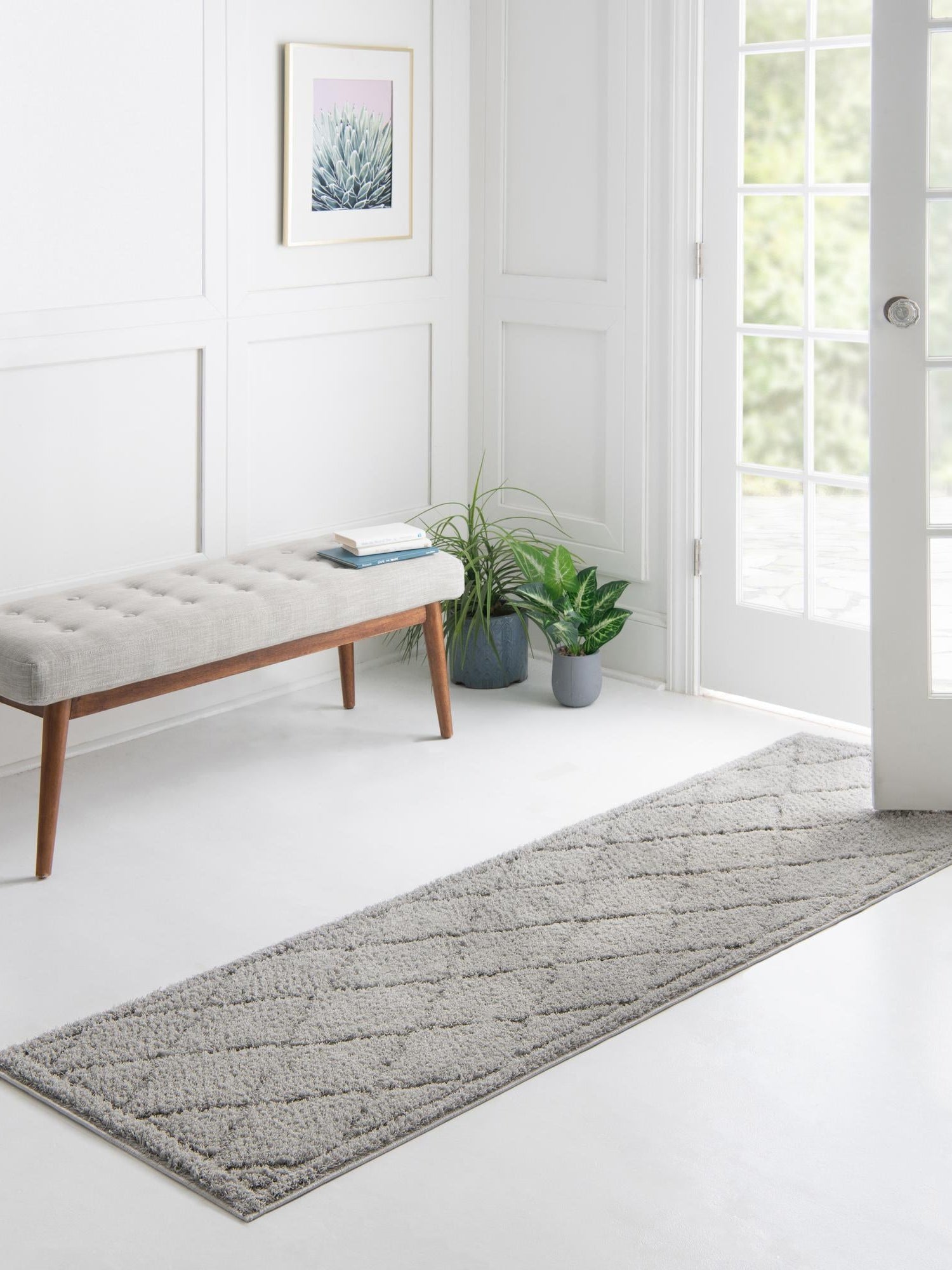 Gray 2' x 6' 9 Trellis Shag Runner Area Rug Thick Soft Touch Fluffy & Plush Shaggy Pile Geometric Modern Unique Carpet for Home Interior Design for Sale at Rug Engine