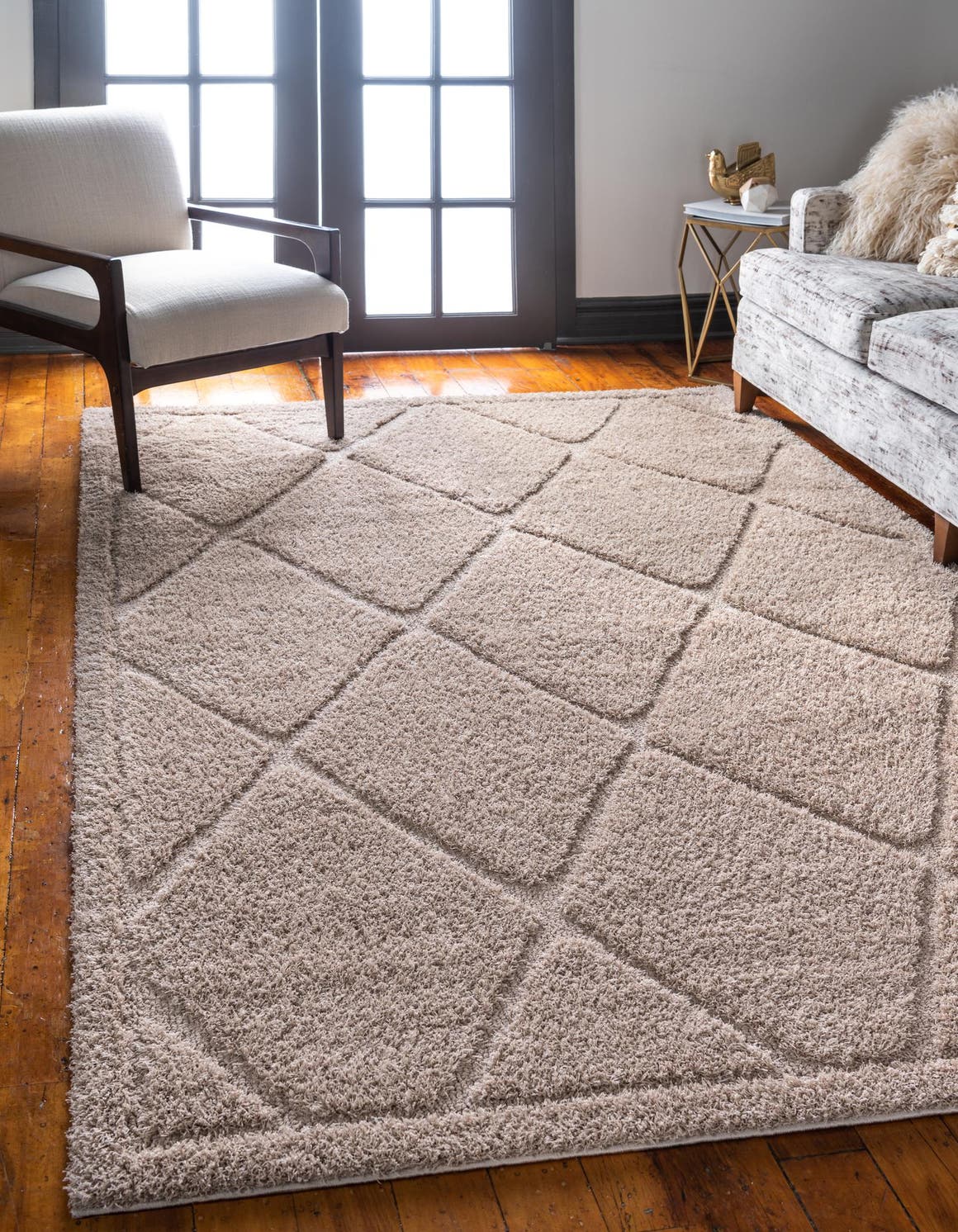 Beige 9' x 12' Trellis Shag Rectangle Area Rug Thick Soft Touch Fluffy & Plush Shaggy Pile Geometric Modern Unique Carpet for Home Interior Design for Sale at Rug Engine