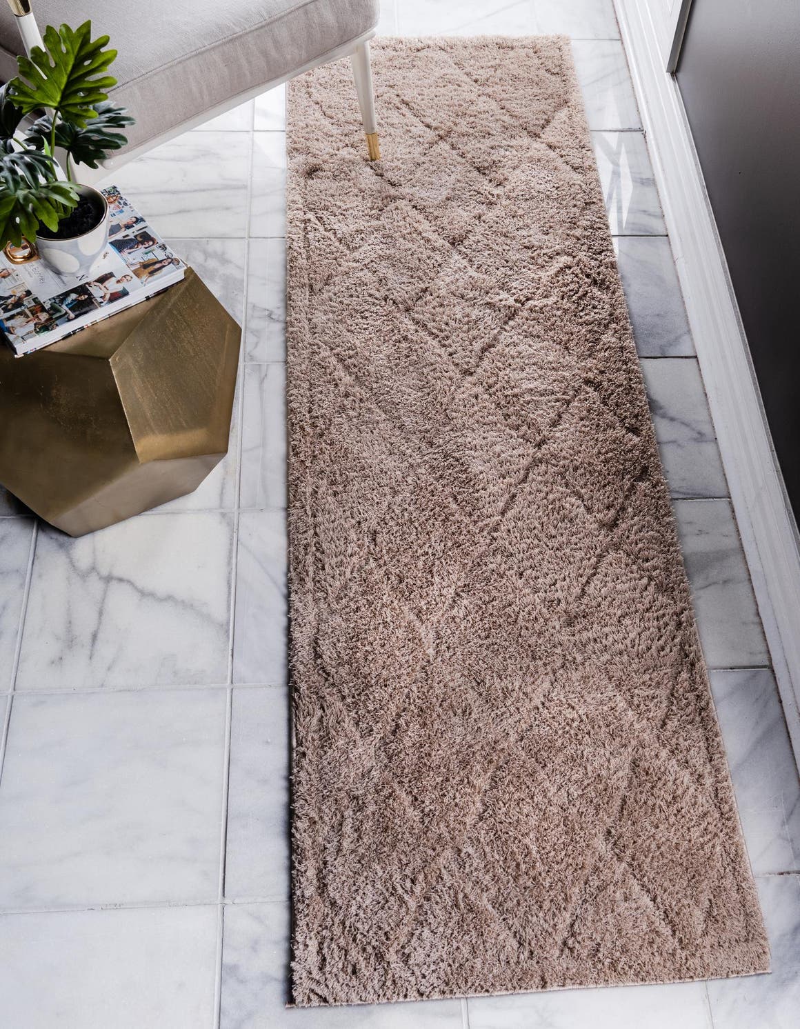 Beige 2' 7 x 10' Trellis Shag Runner Area Rug Thick Soft Touch Fluffy & Plush Shaggy Pile Geometric Modern Unique Carpet for Home Interior Design for Sale at Rug Engine