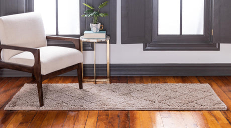 Beige 2' 7 x 10' Trellis Shag Runner Area Rug Thick Soft Touch Fluffy & Plush Shaggy Pile Geometric Modern Unique Carpet for Home Interior Design for Sale at Rug Engine
