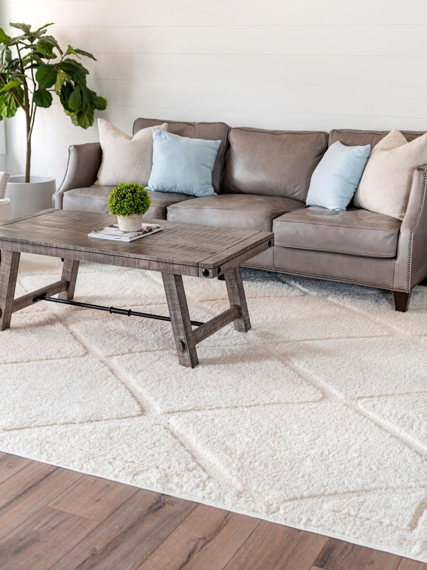 Ivory 7' 1 x 10' Trellis Shag Rectangle Area Rug Thick Soft Touch Fluffy & Plush Shaggy Pile Geometric Modern Unique Carpet for Home Interior Design for Sale at Rug Engine