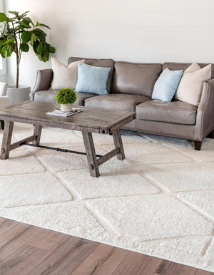 Ivory 7' 1 x 10' Trellis Shag Rectangle Area Rug Thick Soft Touch Fluffy & Plush Shaggy Pile