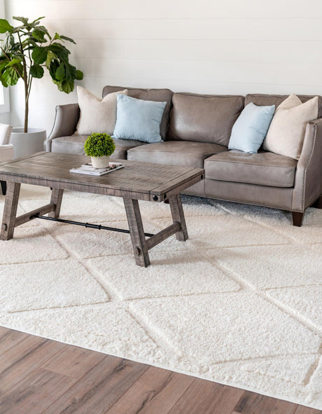 Ivory 10' x 13' Trellis Shag Rectangle Area Rug Thick Soft Touch Fluffy & Plush Shaggy Pile Geometric Modern Unique Carpet for Home Interior Design for Sale at Rug Engine