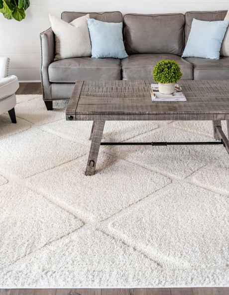 Ivory 2' x 3' 1 Trellis Shag Rectangle Area Rug Thick Soft Touch Fluffy & Plush Shaggy Pile Geometric Modern Unique Carpet for Home Interior Design for Sale at Rug Engine