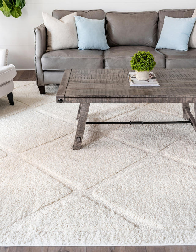 Ivory 10' x 13' Trellis Shag Rectangle Area Rug Thick Soft Touch Fluffy & Plush Shaggy Pile