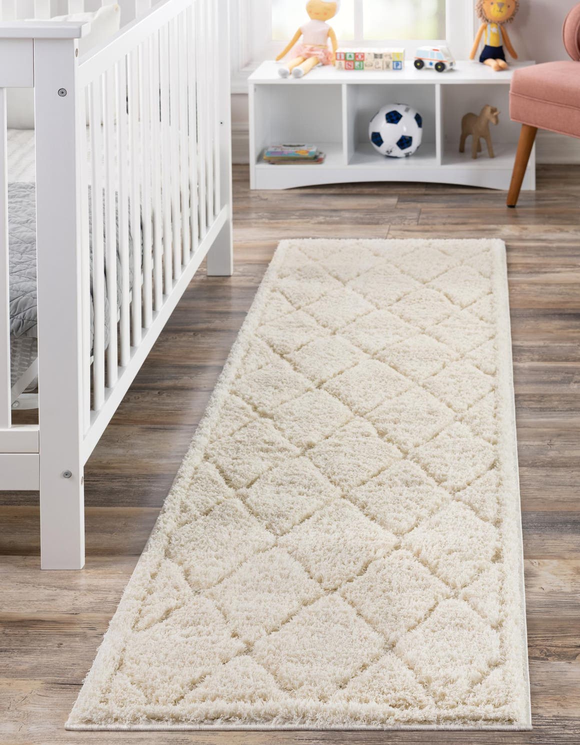 Ivory 2' x 8' Trellis Shag Runner Area Rug Thick Soft Touch Fluffy & Plush Shaggy Pile Geometric Modern Unique Carpet for Home Interior Design for Sale at Rug Engine