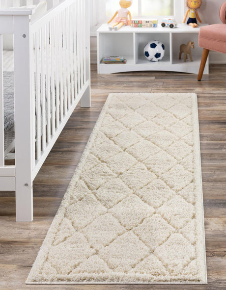 Ivory 2' 7 x 12' Trellis Shag Runner Area Rug Thick Soft Touch Fluffy & Plush Shaggy Pile