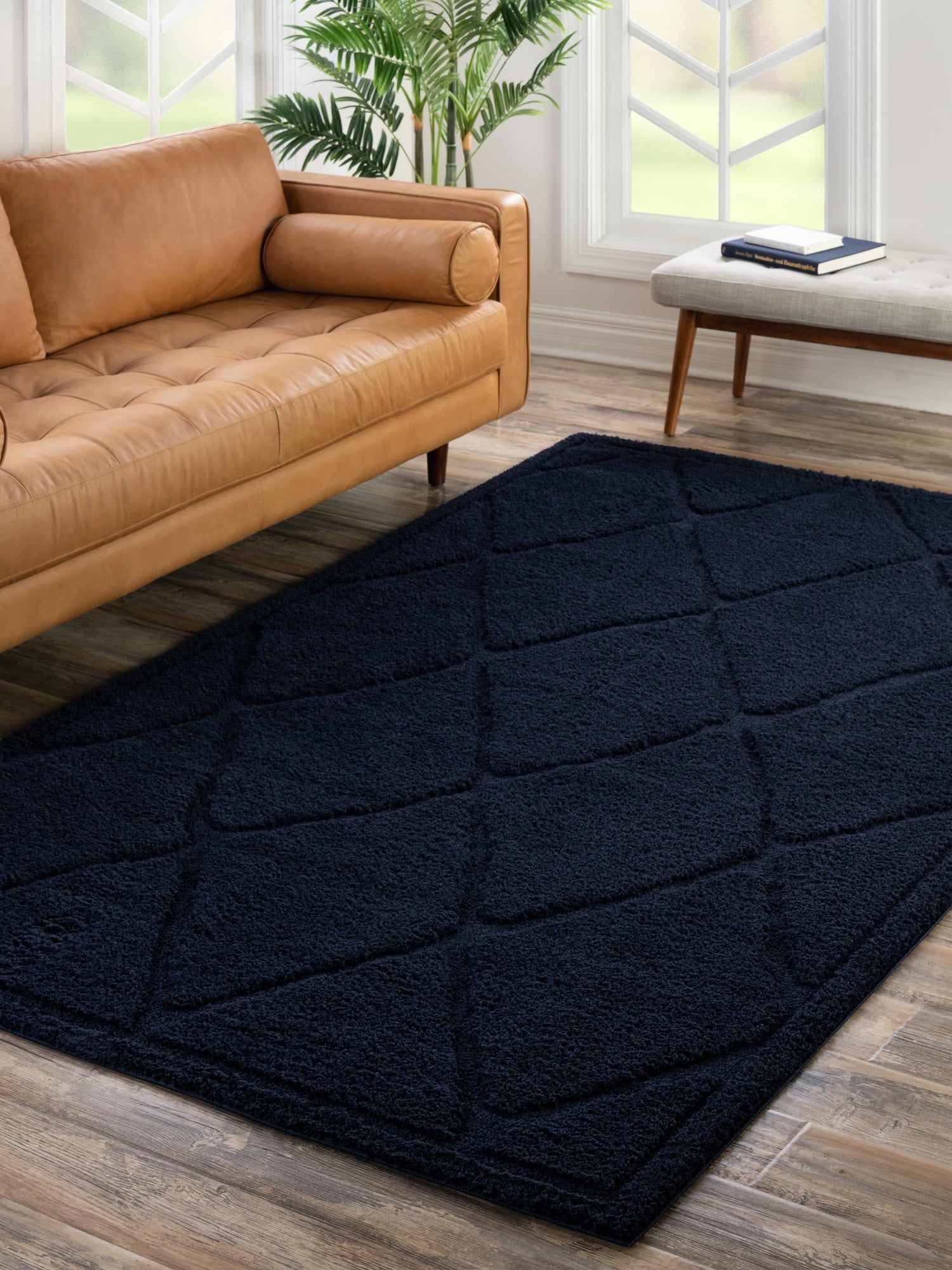Navy Blue 5' 1 x 8' Trellis Shag Rectangle Area Rug Thick Soft Touch Fluffy & Plush Shaggy Pile Geometric Modern Unique Carpet for Home Interior Design for Sale at Rug Engine