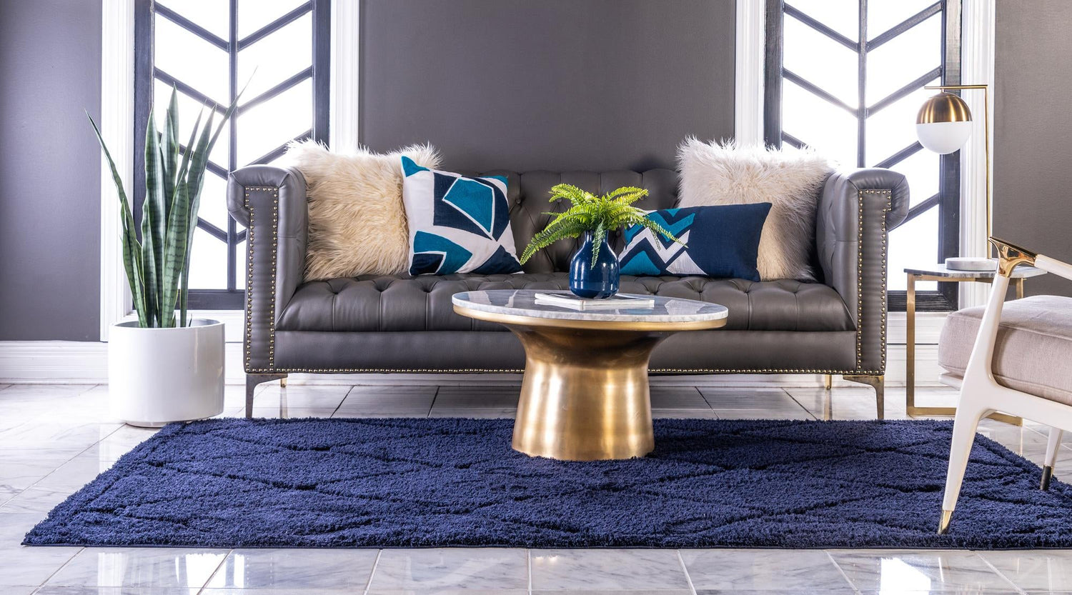 Navy Blue 5' 1 x 8' Trellis Shag Rectangle Area Rug Thick Soft Touch Fluffy & Plush Shaggy Pile Geometric Modern Unique Carpet for Home Interior Design for Sale at Rug Engine