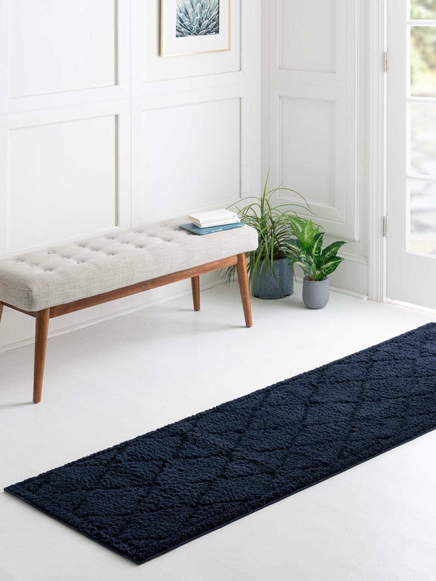 Navy Blue 2' 7 x 10' Trellis Shag Runner Area Rug Thick Soft Touch Fluffy & Plush Shaggy Pile Geometric Modern Unique Carpet for Home Interior Design for Sale at Rug Engine
