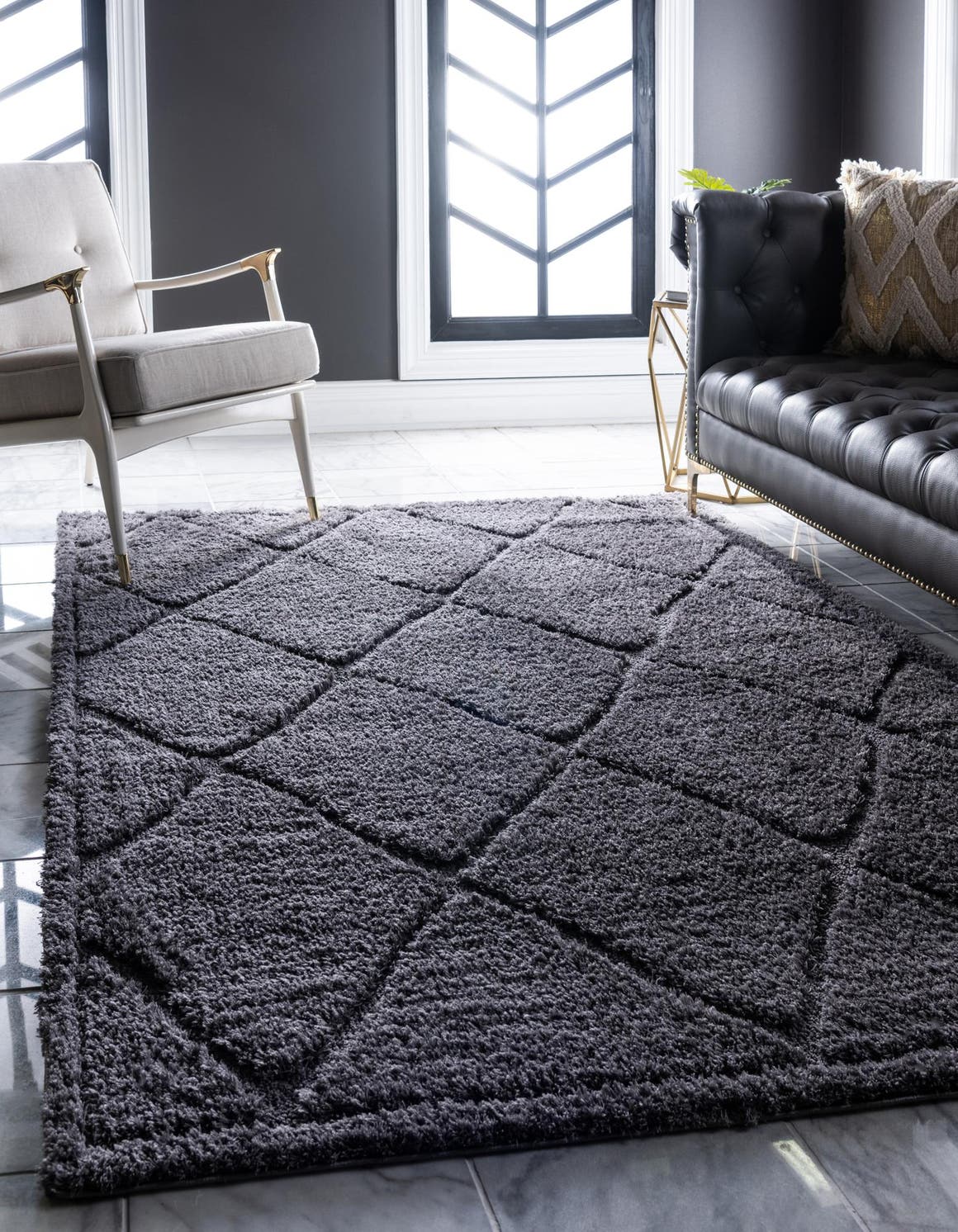 Dark Gray 5' 1 x 8' Trellis Shag Rectangle Area Rug Thick Soft Touch Fluffy & Plush Shaggy Pile Geometric Modern Unique Carpet for Home Interior Design for Sale at Rug Engine