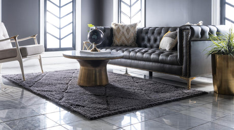 Dark Gray 9' x 12' 2 Trellis Shag Rectangle Area Rug Thick Soft Touch Fluffy & Plush Shaggy Pile Geometric Modern Unique Carpet for Home Interior Design for Sale at Rug Engine
