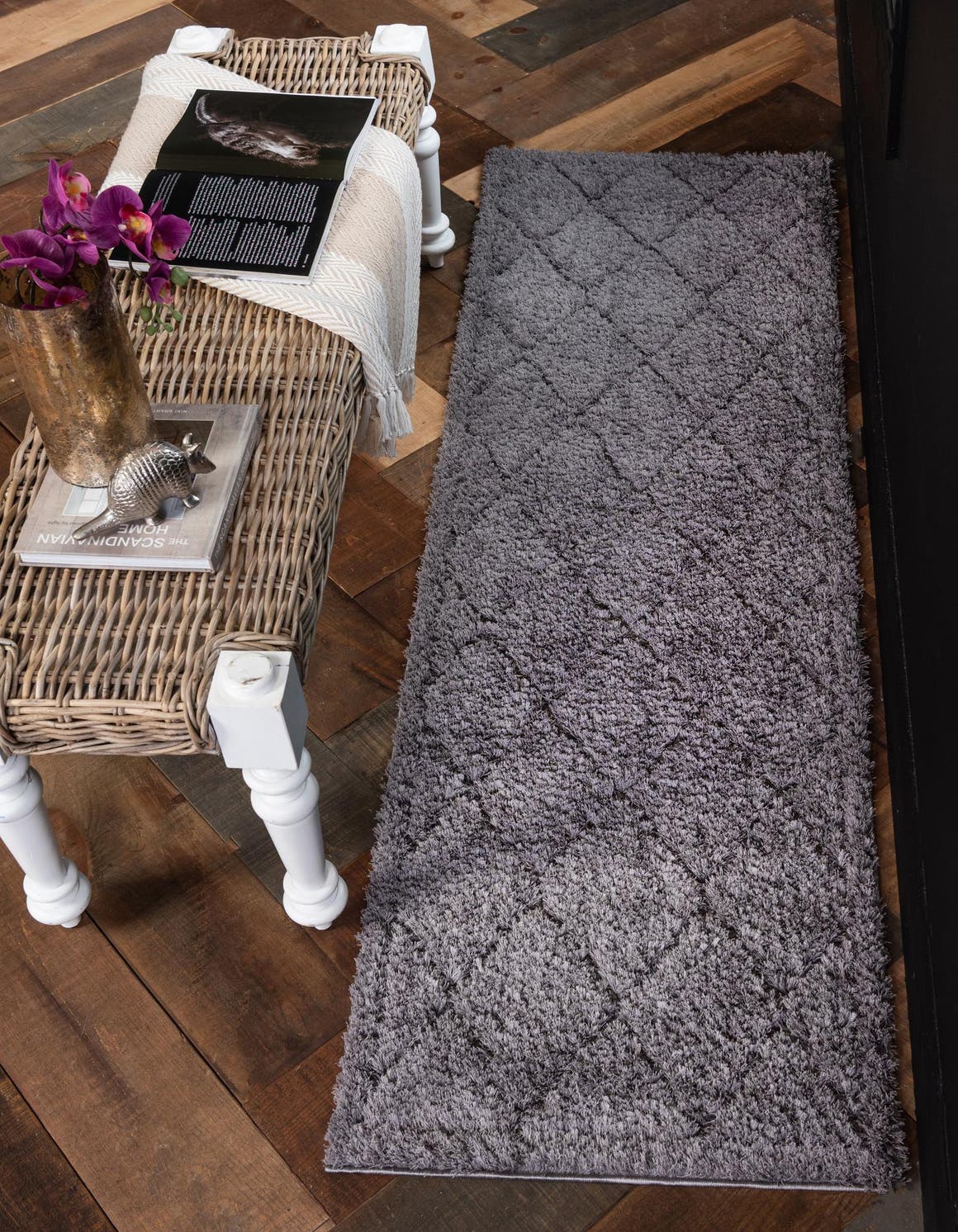 Dark Gray 2' 7 x 10' Trellis Shag Runner Area Rug Thick Soft Touch Fluffy & Plush Shaggy Pile Geometric Modern Unique Carpet for Home Interior Design for Sale at Rug Engine