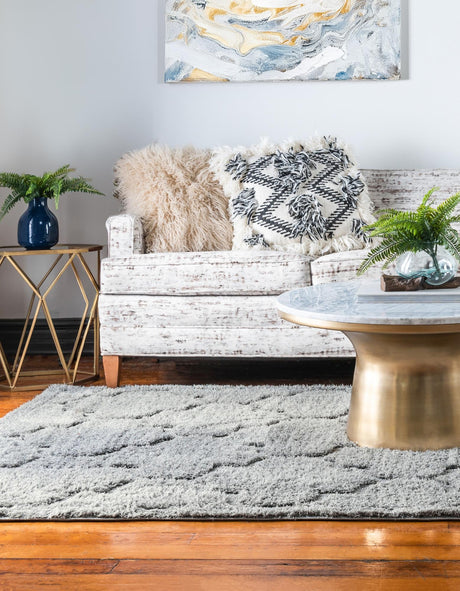 Gray 5' 1 x 8' Trellis Shag Rectangle Area Rug Thick Soft Touch Fluffy & Plush Shaggy Pile Geometric Modern Unique Carpet for Home Interior Design for Sale at Rug Engine