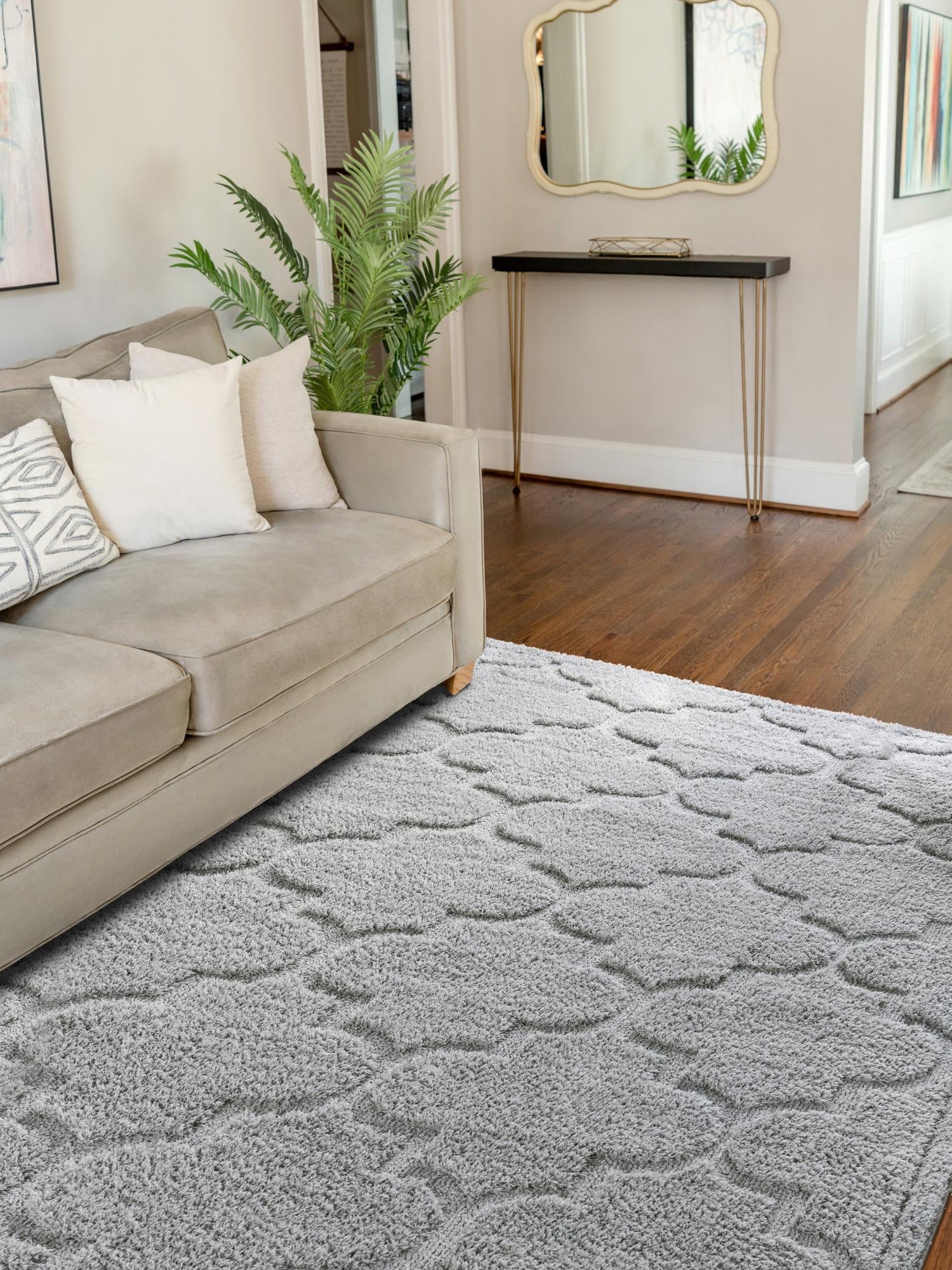Gray 5' 1 x 8' Trellis Shag Rectangle Area Rug Thick Soft Touch Fluffy & Plush Shaggy Pile Geometric Modern Unique Carpet for Home Interior Design for Sale at Rug Engine