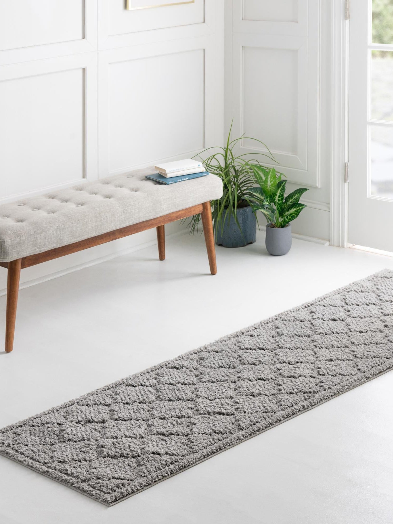 Gray 2' 7 x 10' Trellis Shag Runner Area Rug Thick Soft Touch Fluffy & Plush Shaggy Pile Geometric Modern Unique Carpet for Home Interior Design for Sale at Rug Engine