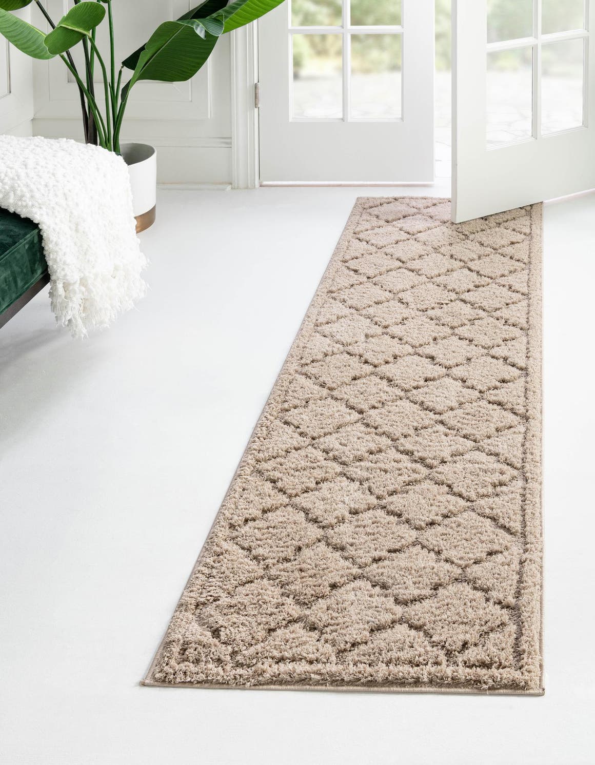 Beige 2' 7 x 10' Trellis Shag Runner Area Rug Thick Soft Touch Fluffy & Plush Shaggy Pile Geometric Modern Unique Carpet for Home Interior Design for Sale at Rug Engine
