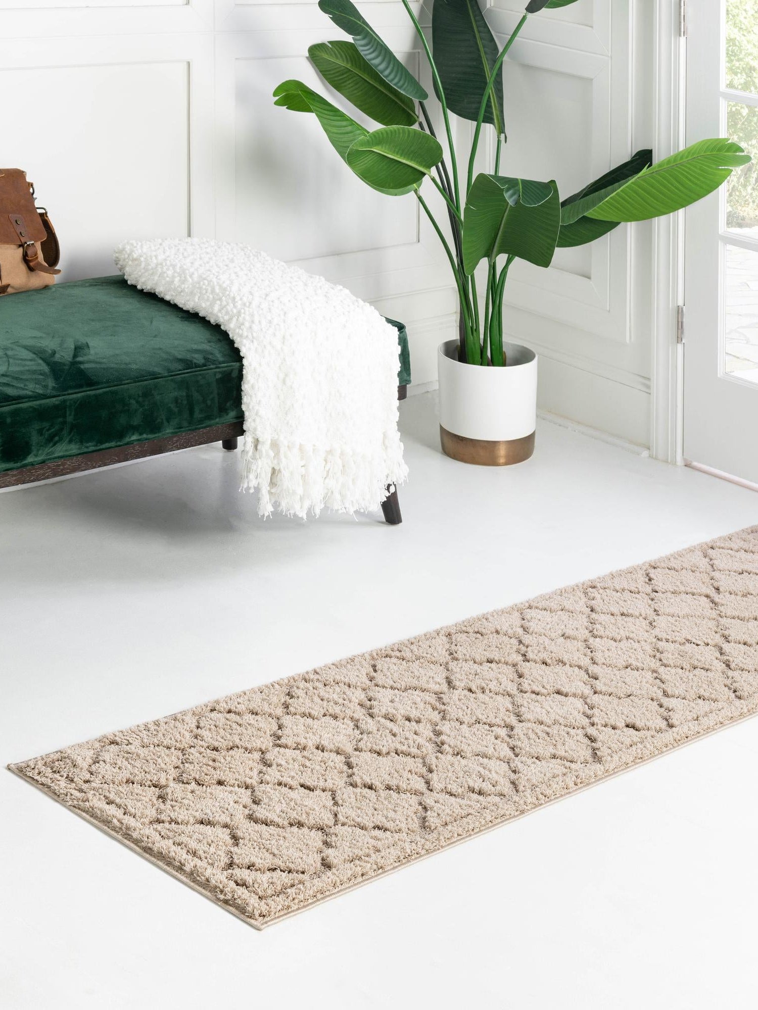 Beige 2' x 6' 9 Trellis Shag Runner Area Rug Thick Soft Touch Fluffy & Plush Shaggy Pile Geometric Modern Unique Carpet for Home Interior Design for Sale at Rug Engine