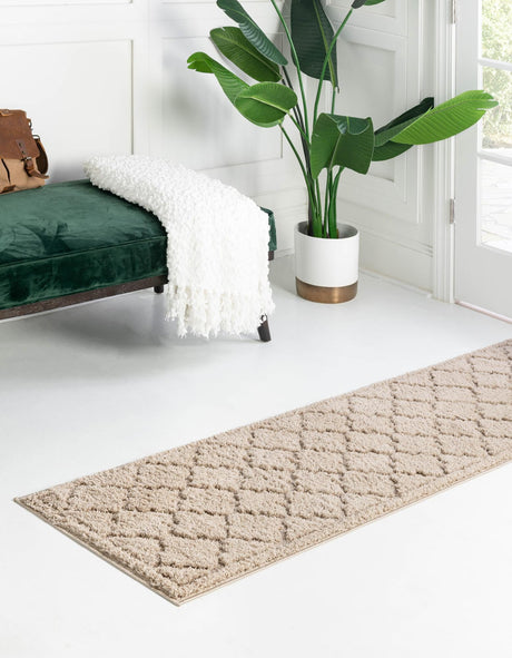 Beige 2' x 6' 9 Trellis Shag Runner Area Rug Thick Soft Touch Fluffy & Plush Shaggy Pile Geometric Modern Unique Carpet for Home Interior Design for Sale at Rug Engine
