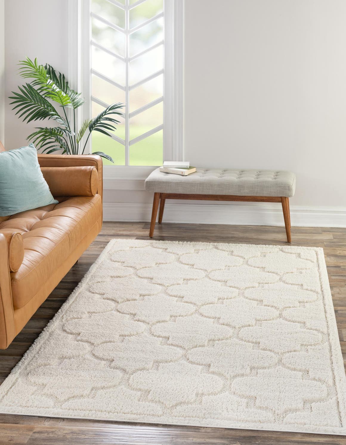 Ivory 4' 1 x 6' 1 Trellis Shag Rectangle Area Rug Thick Soft Touch Fluffy & Plush Shaggy Pile Geometric Modern Unique Carpet for Home Interior Design for Sale at Rug Engine