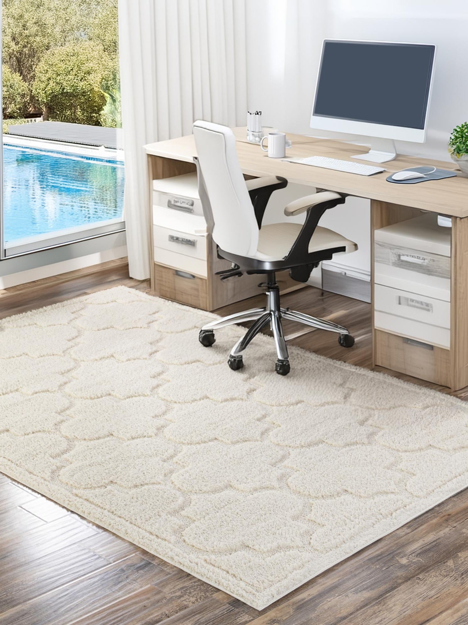 Ivory 4' 1 x 6' 1 Trellis Shag Rectangle Area Rug Thick Soft Touch Fluffy & Plush Shaggy Pile Geometric Modern Unique Carpet for Home Interior Design for Sale at Rug Engine