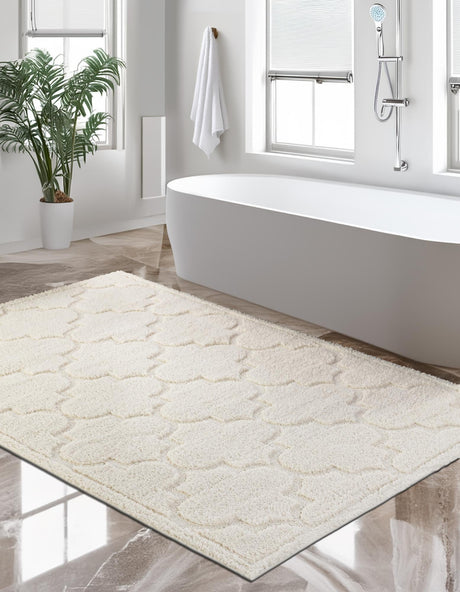 Ivory 4' 1 x 6' 1 Trellis Shag Rectangle Area Rug Thick Soft Touch Fluffy & Plush Shaggy Pile Geometric Modern Unique Carpet for Home Interior Design for Sale at Rug Engine