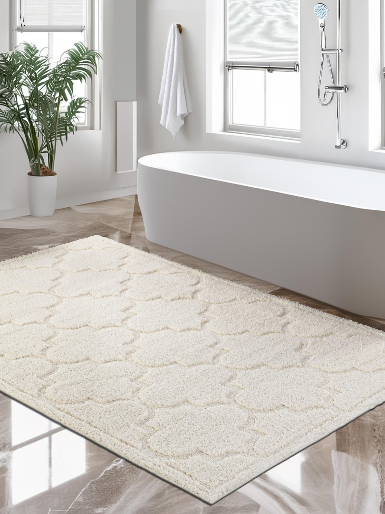 Ivory 5' 1 x 8' Trellis Shag Rectangle Area Rug Thick Soft Touch Fluffy & Plush Shaggy Pile