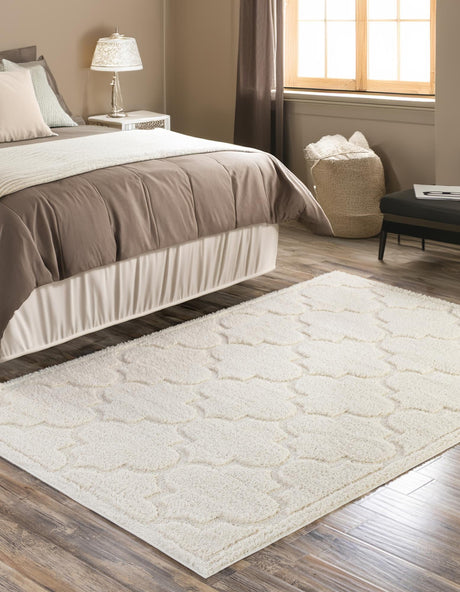 Ivory 9' x 12' 2 Trellis Shag Rectangle Area Rug Thick Soft Touch Fluffy & Plush Shaggy Pile Geometric Modern Unique Carpet for Home Interior Design for Sale at Rug Engine
