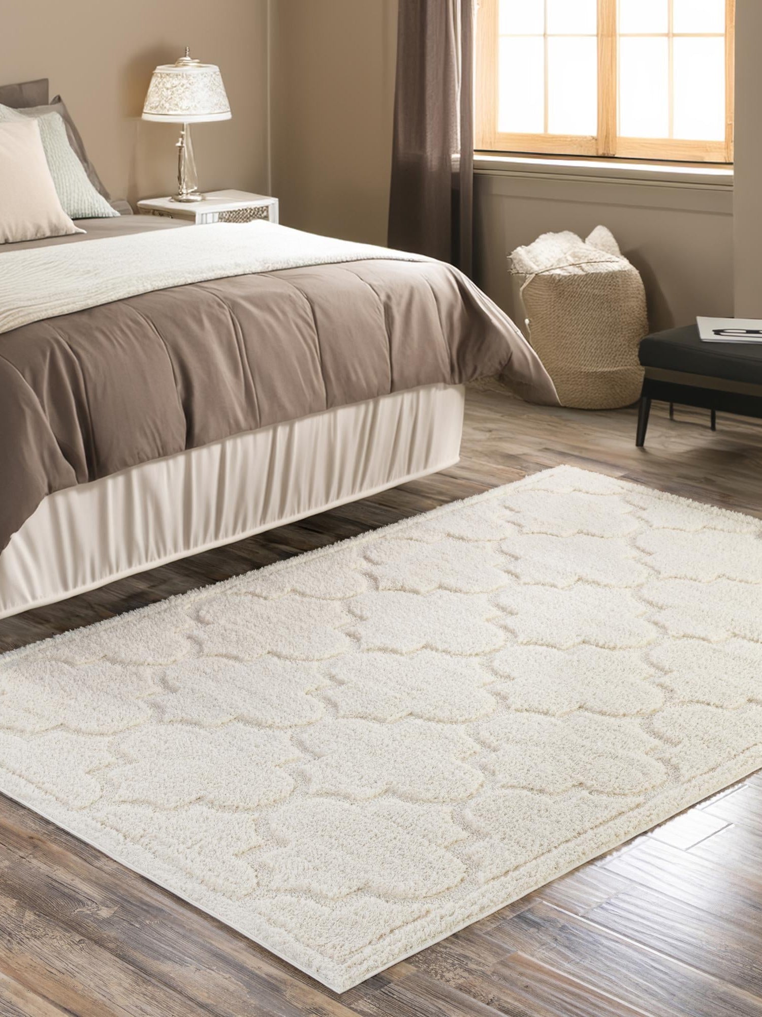 Ivory 4' 1 x 6' 1 Trellis Shag Rectangle Area Rug Thick Soft Touch Fluffy & Plush Shaggy Pile Geometric Modern Unique Carpet for Home Interior Design for Sale at Rug Engine