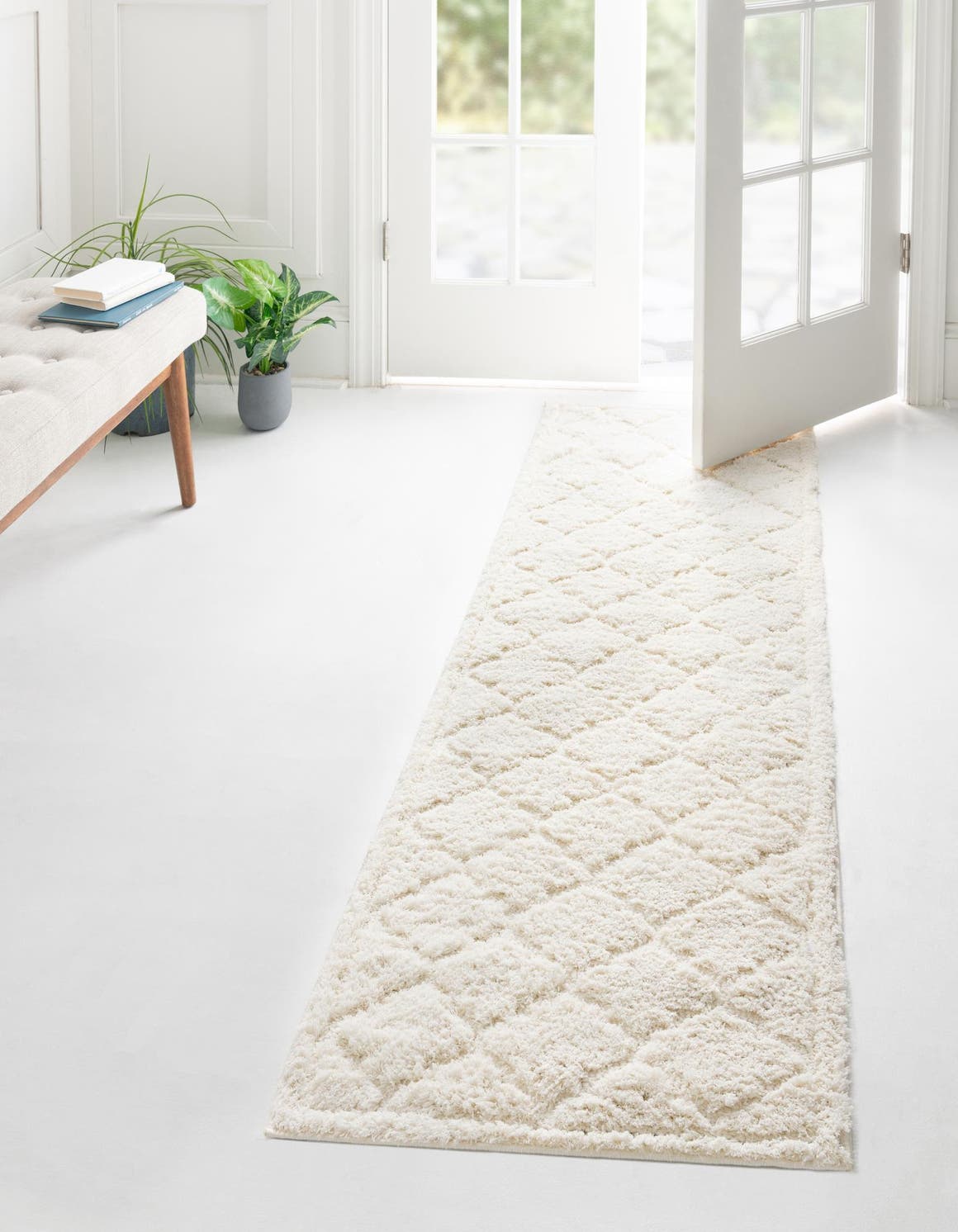 Ivory 2' x 6' 9 Trellis Shag Runner Area Rug Thick Soft Touch Fluffy & Plush Shaggy Pile