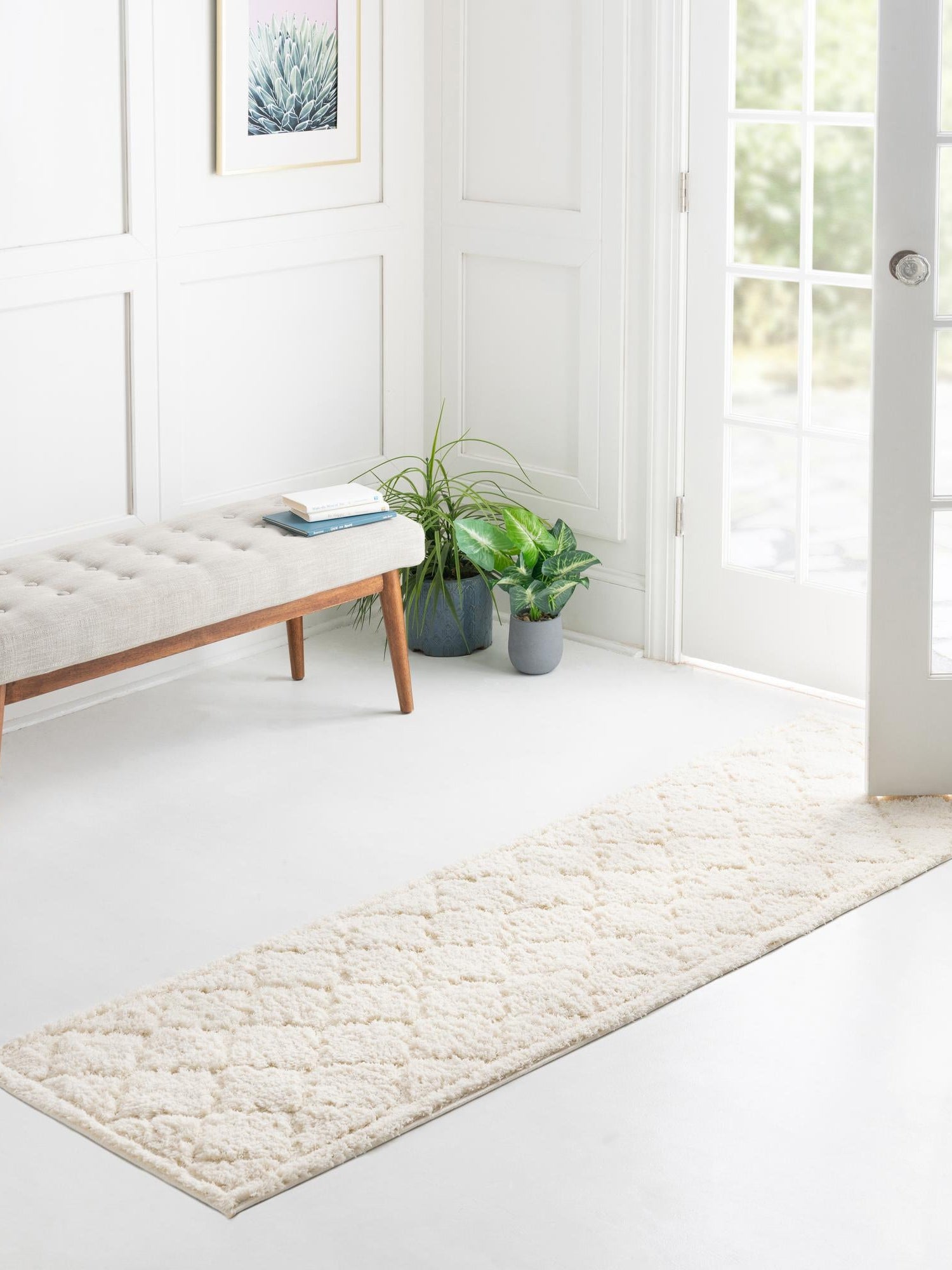 Ivory 2' 7 x 10' Trellis Shag Runner Area Rug Thick Soft Touch Fluffy & Plush Shaggy Pile Geometric Modern Unique Carpet for Home Interior Design for Sale at Rug Engine
