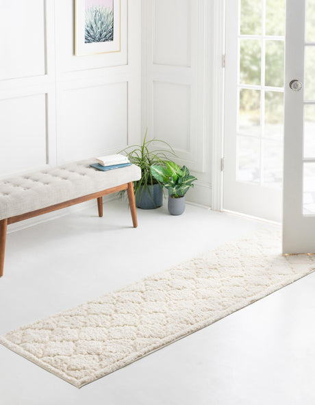 Ivory 2' 7 x 10' Trellis Shag Runner Area Rug Thick Soft Touch Fluffy & Plush Shaggy Pile Geometric Modern Unique Carpet for Home Interior Design for Sale at Rug Engine