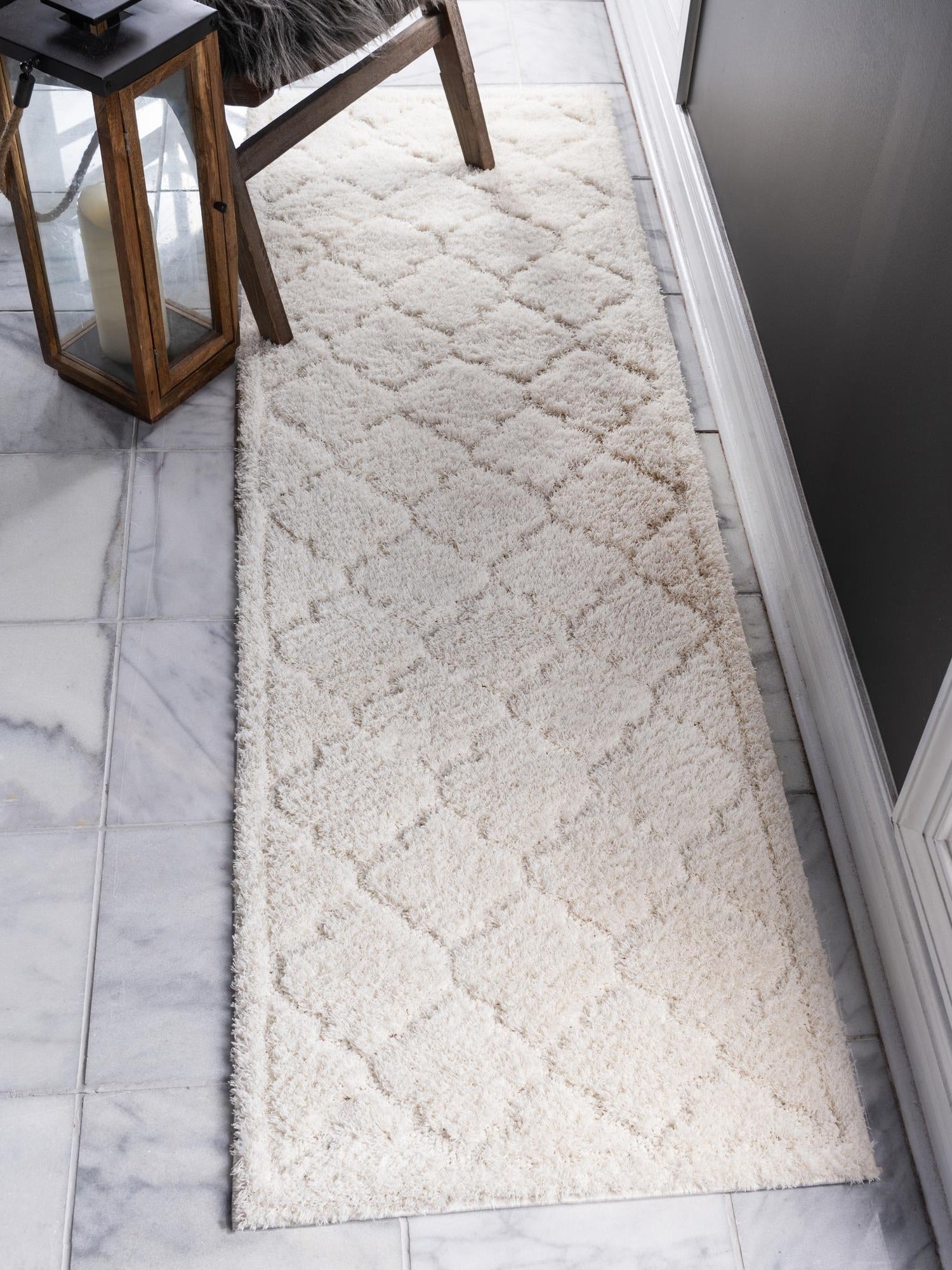 Ivory 2' 7 x 10' Trellis Shag Runner Area Rug Thick Soft Touch Fluffy & Plush Shaggy Pile Geometric Modern Unique Carpet for Home Interior Design for Sale at Rug Engine
