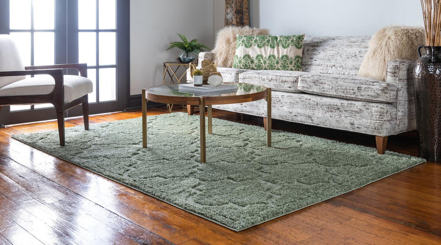 Green 4' 1 x 6' 1 Trellis Shag Rectangle Area Rug Thick Soft Touch Fluffy & Plush Shaggy Pile Geometric Modern Unique Carpet for Home Interior Design for Sale at Rug Engine