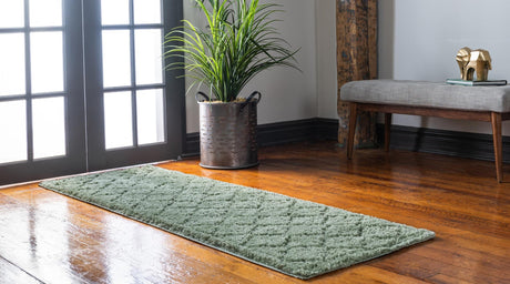 Green 2' x 6' 9 Trellis Shag Runner Area Rug Thick Soft Touch Fluffy & Plush Shaggy Pile Geometric Modern Unique Carpet for Home Interior Design for Sale at Rug Engine
