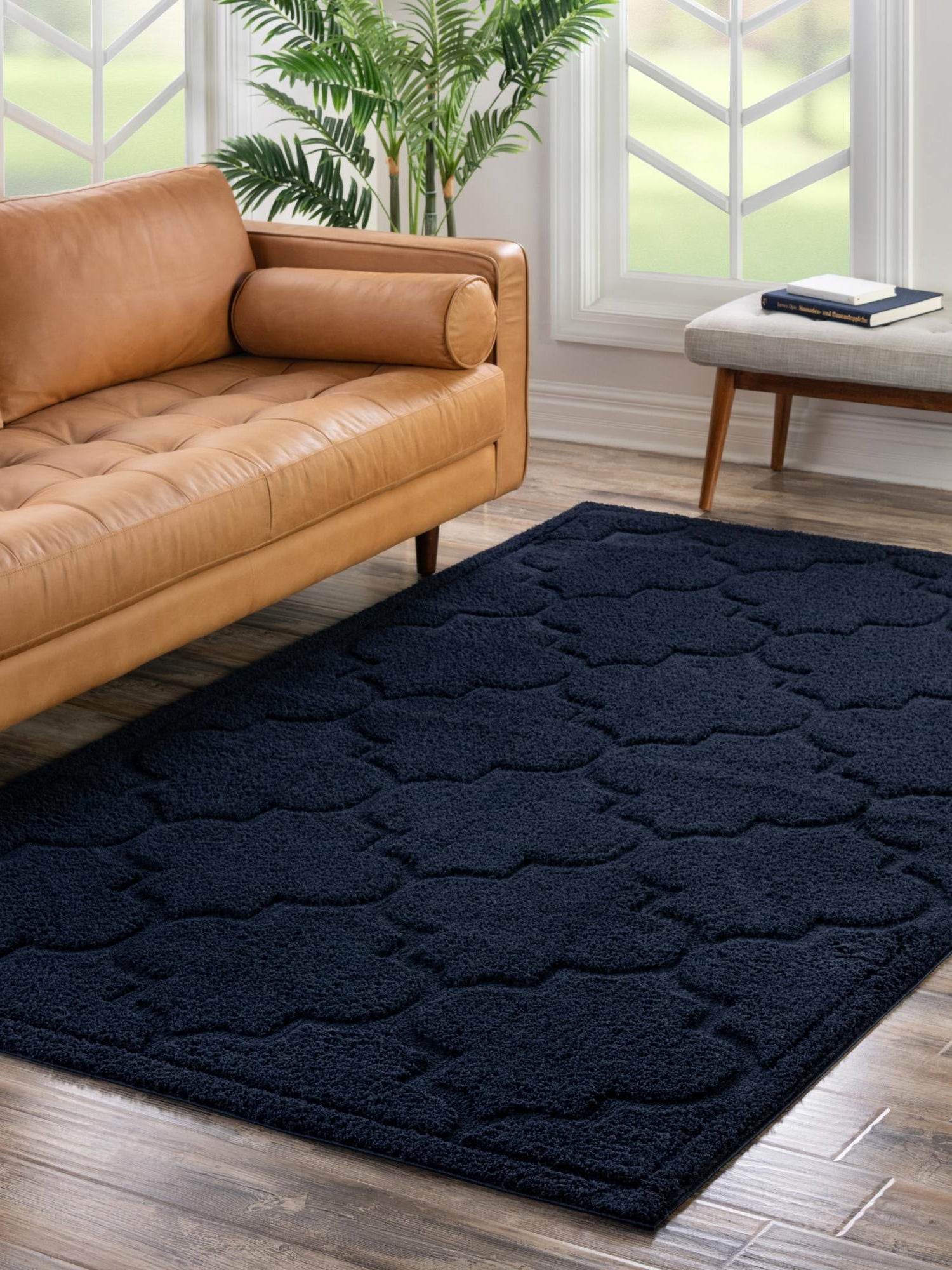 Navy Blue 5' x 8' Trellis Shag Rectangle Area Rug Thick Soft Touch Fluffy & Plush Shaggy Pile Geometric Modern Unique Carpet for Home Interior Design for Sale at Rug Engine